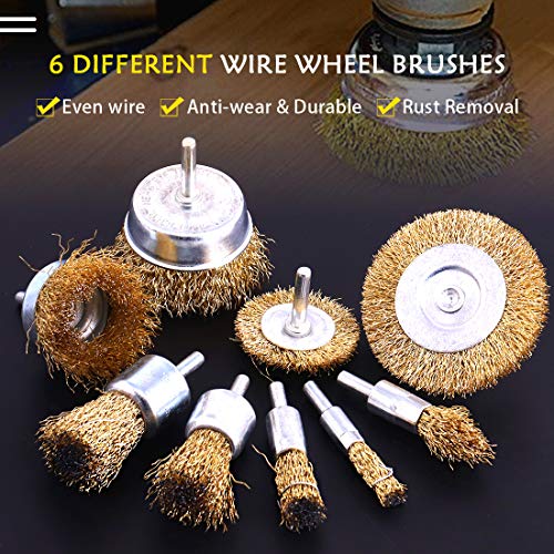 Keadic 9 Pieces Brass Wire Brushes Cup Wheels Brush Set with 1/4 Inch Shank, Polishing Attachment Die Grinder Rotary Tools Accessories for Cleaning Rust Corrosion