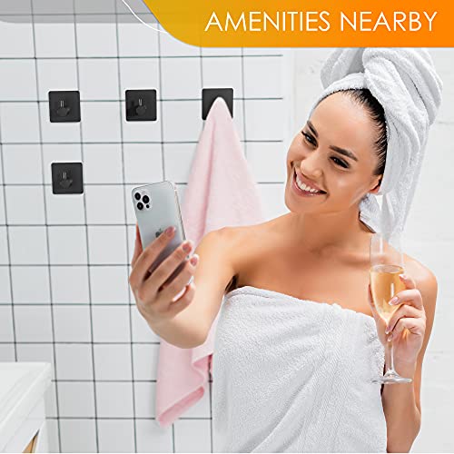 Matte Black Self Adhesive Towel Hooks for Bathroom Wall Door Mounted - SUS304 Stainless Steel Strong Strips Stick on 3/M Wall Hooks for Hanging Coat, Hat, Bag, Key, Jacket – 8 Pack