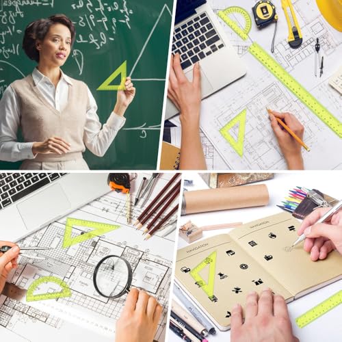 Plastic Clear Ruler Math Set, 6" | 12" Straight Ruler Protractor, 2 Protractors 180 Degree 2 Triangle Rulers 45 | 60 Degree 2 Straight Rulers Measuring Tool for School Office Home Supplie, Yellow - color: Yellow