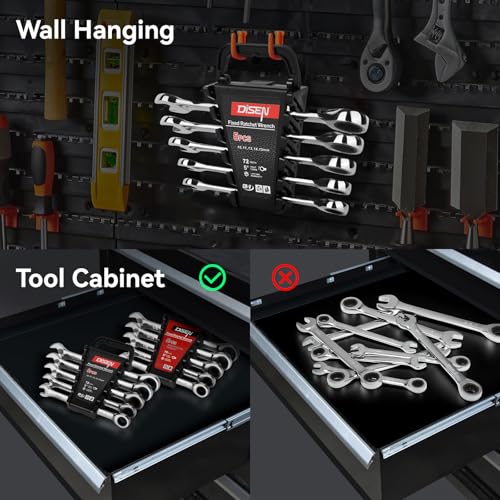 DISEN 10Pcs Ratcheting Wrench Set SAE & Metric Ratchet Wrench Set with Rack Organizer, Premium CR-v Steel, 12 Point, 72 Teeth,Box End and Open End Ratcheting Wrench Set,Metric 10-15mm&SAE 3/8''-5/8'' - size: 10pcs metric & sae set