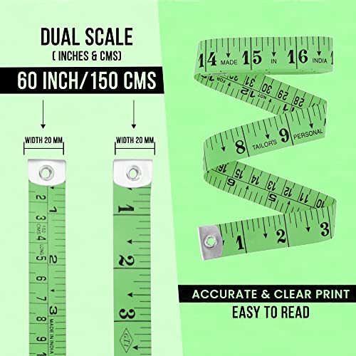 Flexible Tape Measure Pack of 2, Accurate Dual Scale Standard & Metric Measurements Tape,Soft Measuring Tape for Body, Weight Loss Sewing Tailor Craft Ruler 150cm/60 inch - color: Green / 2 Pack