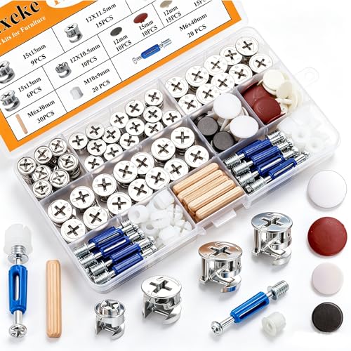 170PCS Cam Locks for Furniture,3-in-1 Eccentric Hardware Wheels,Furniture Fasteners & Connectors with Multi-Size Nuts,Bolts and Wood Dowel Pins-Assortment Kit for Furniture Assembly/Repair - size: 120PCS-Silver