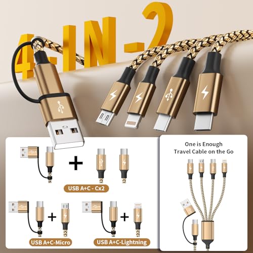 4 in 2 Multi Charging Cable, USBA/C Universal Charging Cords 2 Pack 5FT - color: Gold