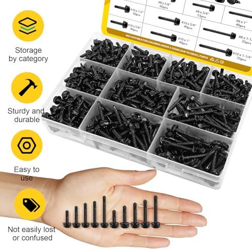 458Pcs #8#10 Black Self Tapping Screws for Metal, Hex Washer Head Self Drilling Screws Assortment Kit, 410 Stainless Steel Sheet Metal Screw, Length 1/2'' 5/8'' 3/4'' 1'' 1-1/4'' - size: 458pcs #8#10 Black