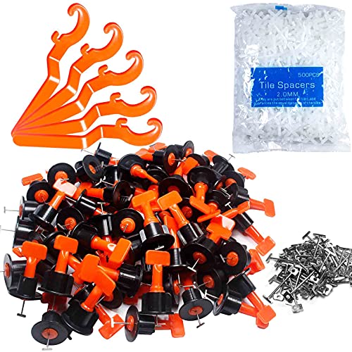 Tile Leveling System Kit,200pcs Reusable Tile Leveler Spacers+1000pcs 1/12" Cross-shaped Tile Spacers+5pcs Wrench+50pcs 1/16" Replaceable Spare Steel T-Pin,Tools for Wall Floor Tile Adjustment(200) - size: 200