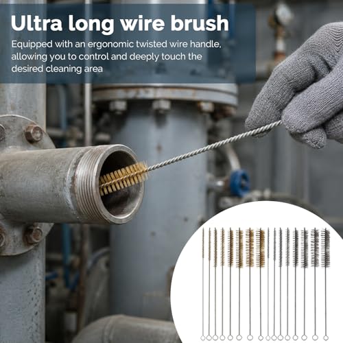 16 Pcs Pipe Wire Brush, 12 Inch Brass & Stainless Steel Tube Cleaning Brush, 8-Size Cleaner Brushes for Cleaning Pipes,Narrow Spaces, Engine Parts (8 Yellow 8 Silver)