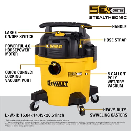 DEWALT Stealthsonic Shop Vac 5 Gallon 4 Peak HP Shop Vacuum Wet and Dry | Ultra-Quiet Vacuum Cleaner with Complete Accessory Kit and 6 Dust Bages, Ideal for Home, Jobsite, Workshop&Garage, DXV05P-QTA