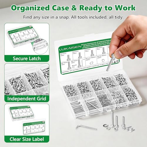 981 Pcs M2 Hex Socket Cap Screws Nuts Washers Wrench Kit, 304 SS - size: SS M2 981pcs 3