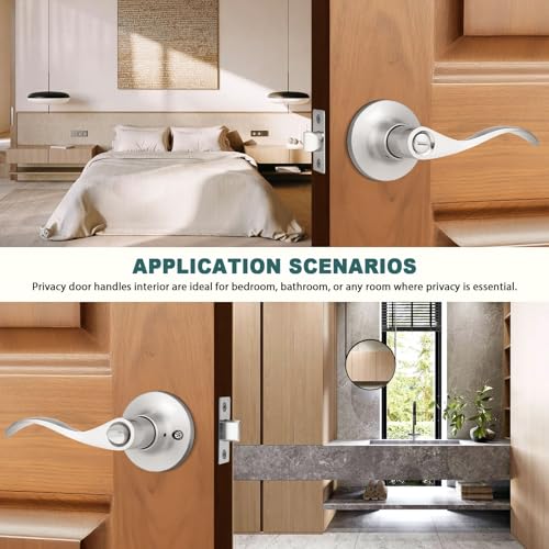 GOBEKOR 6 Pack Privacy Door Levers Interior Door Handles Brushed Nickel Lever Handles Keyless Modern Wave Levers for Bedroom and Bedroom - size: Privacy Door Lever - Keyless