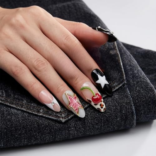 Short Almond Press On Nails Pink with Y2K Star 3D Star Black Swirl Cherry - color: Style2