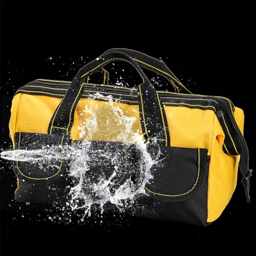 3 Pack Tool Bag, Wide Mouth Tool Tote Bag with Waterproof Base, Heavy Duty Tool Storage Bag Organizer for Various Tools, 5 Pockets, Blue, Yellow, Red, 12 Inch