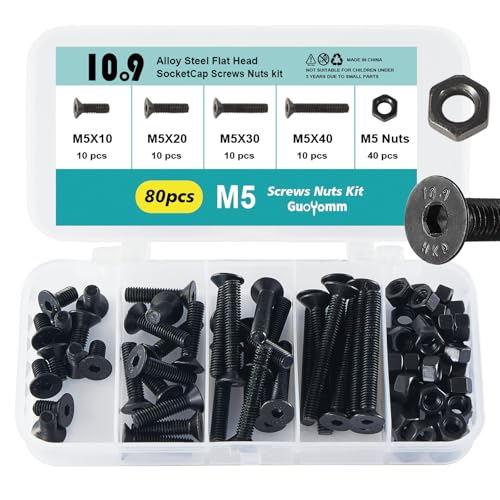 M5 x 10mm 20mm 30mm 40mm, Flat Head Hex Socket Cap Screws Bolts, Countersunk Bolts and Nuts, 10.9 Grade Alloy Steel, Black Oxide, Metric Allen Drive, Fully Thread, Assortment Kit 80PCS - size: M5x10-40mm+Nuts