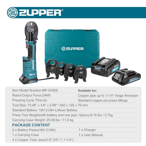 ZUPPER Compact Press Tool Kit for 1/2" to 1-1/4" Copper Pipes - style: MP-2430S (kit with 4 VUS Copper Press Jaws 1/2" to 1-1/4")