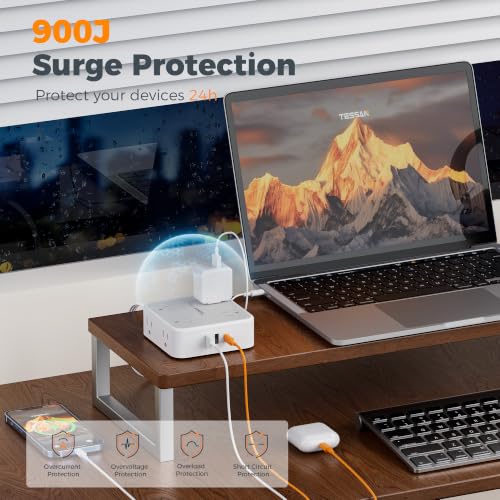 TESSAN Surge Protector Power Strip with 900J Surge Protection, 20 Ft, Grey - color: Grey with 1 USB C, size: 20 feet