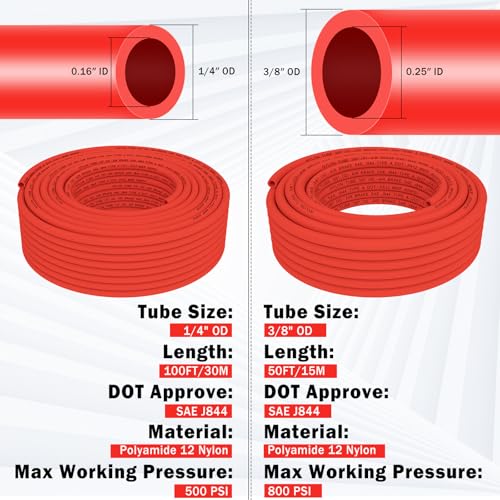 CheeMuii 76 Pcs Brass DOT Air Line Fittings with 1/4" & 3/8" DOT Air Hoses - size: 2ROLL-80PCS-RED