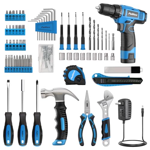 PULITUO Tool Set, 148-Piece Home Drill Set with 12V Blue Cordless Drill, Hand tool Kits, and Box, Suitable for Men, Women, and DIY Enthusiasts for Home Improvement. - style: 12V Drill Set（Blue）