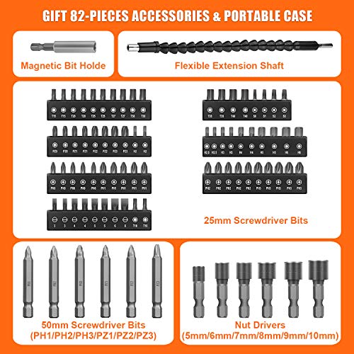 ENERTWIST 8V Cordless Screwdriver, 82 Accessory Kit, Max 10Nm 21+1 Cluth - style: 82PCS 8V ORANGE
