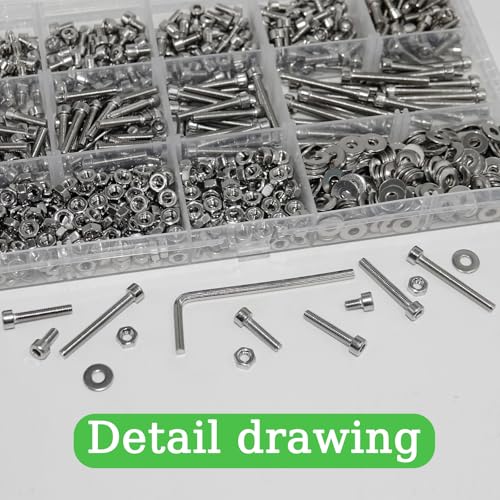 915Pcs M3 Screws Assortment, Hex Socket Head Cap Screw Bolts Nuts Washer Kit, Stainless Steel,9-Sizes M3x4/5/6/8/10/12/16/20/25mm Screws for 3D Printer DIY - size: M3 x 4/5/6/8/10/12/16/20/25-915Pcs