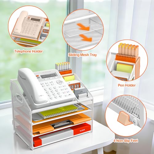 DocNest 4 Tier Metal Mesh Desk File Organizer with Phone Shelf, White - color: White, size: 12.6" x 9.1" x 10.3"