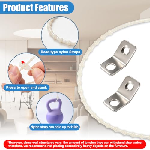 12 Pack Furniture Anchors for Baby Proofing, Furniture Wall Straps - color: Beige Nylon Bead Straps - 12 Pack