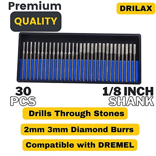 Drilax 30-Pc Diamond Drill Bit Set, 15x 2mm & 15x 3mm, 1/8 Inch Shank Dremel Compatible for Glass, Sea Glass, Gemstones, Ceramic & Lapidary Jewelry Making - size: 2mm - 3mm