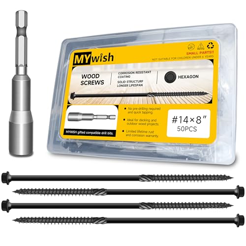 50 Pcs 8 Inch Wood Screws, #14 x 8 Heavy Duty Outdoor Wood Screws Assortment Kit Deck Screws, Black Timber Screws Lag Bolts, Hex Socket Included Hex Head Log Landscaping Black Long Screws By Mywish - size: #14 x 8"