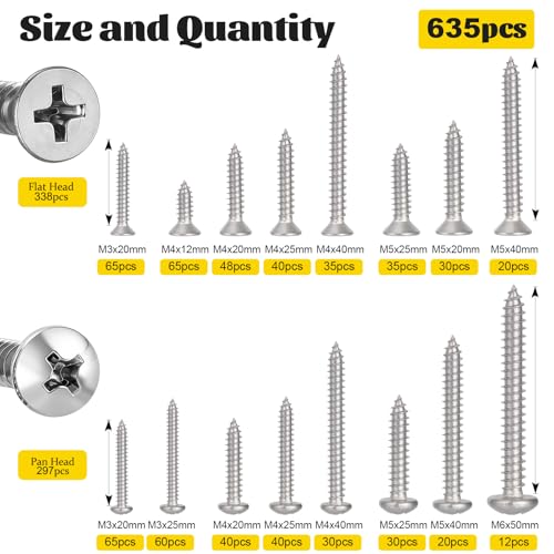635Pcs 304 Stainless Steel Self Tapping Screws Assortment Kit, M3/M4/M5/M6 Phillips Flat Head & Pan Head Wood Screw Kit - size: 635pcs M3M4M5M6 Silver