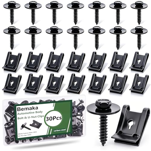 30Pcs M4.2 Automotive Body Bolt & U-Nut Clips Kit, Multipurpose Fender Bolts Body Fastener Clips for Most Cars Bumper Engine Splash Shield - color: Black-M4.2