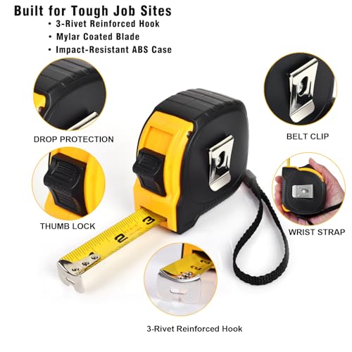 5 Pack Tape Measure 25 ft, Easy Read Measuring Tape with Fractions 1/8, Retractable 25-Foot by 1-Inch Blade with Durable Coating & Impact-Resistant Case for Contractors & DIY - size: 25 Ft