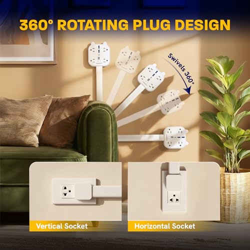 Outlet Extender Stick, 360° Rotating Wall Plug with 4 AC Outlets, USB-C PD 20W Fast Charging, 2 USB-A & 2 USB-C Ports, 18"-27" Adjustable Electrical Power Strip for Hard-to-Reach Outlets