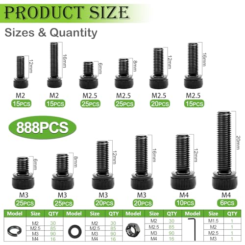 mxuteuk 888PCS Metric Screws Assortment,M4 M3 M2.5 M2 Screws Kit, Suitable for 3D Printing DIY, Grade 12.9 Alloy Steel Hex Socket Head Cap Bolts Nuts and Washers Kit, Black Zinc Plated - size: 888PCS M2 M2.5 M3 M4