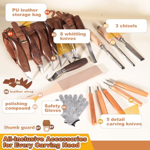 Premium Professional Wood Carving Kit - 28pcs wood carving Tools set whittling kit Ergonomic Walnut Handles, Razor-Sharp High-Carbon Steel Blades