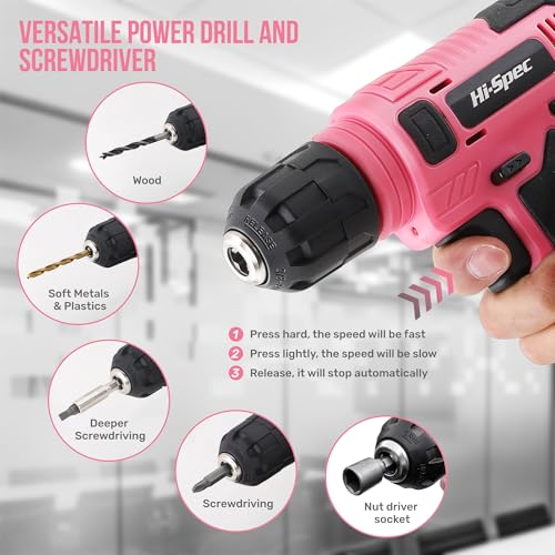 Hi-Spec Tool Set with 8V Drill Set Home DIY Repair & Maintenance, Pink | Cordless USB Electric Drill Driver, Hand Tool Kit for Women and Men, Complete Home DIY Tool Box, Gift, Home Setup help, Tidy - color: Pink, size: 70-Piece