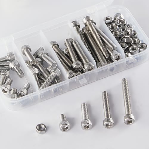 M4 x 20mm 30mm 40mm 50mm Hex Socket Head Cap Screws Bolts and Nuts, Stainless Steel 304, Bright Finish, Metric Allen Drive, Fully Thread, Assortment Kit 80PCS - size: Socket M4x20-50mm+Nuts