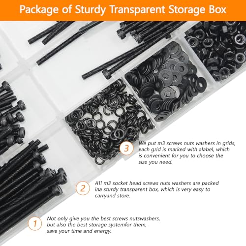 461Pcs M3 Socket Head Screws Metric Screws Bolts Washers Nuts Kit - size: M3 x 30mm, 35mm, 40mm, 45mm, 50mm