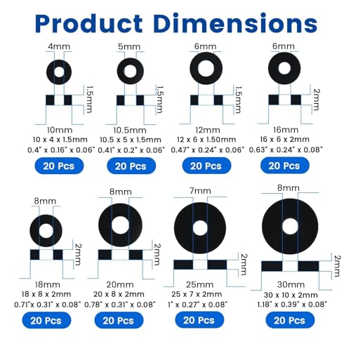 160 Pcs Flat Rubber Washers Assortment Kit, 10/10.5/12/16/18/20/25/30mm
