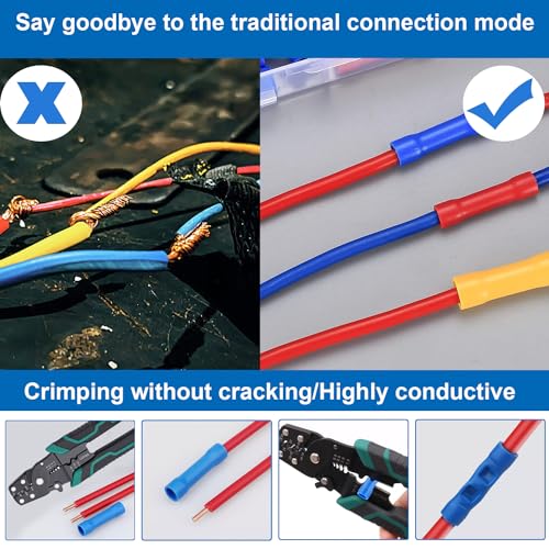 smseace 210PCS Wire Butt connectors with Crimping Tool 22-10AWG Butt Splice Connectors Insulated Electrical Straight Wire Terminal - size: 211Pcs