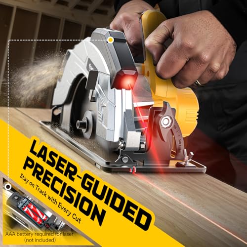 Ecarke 7-1/4" Cordless Circular Saw, Compatible with DeWalt 20V Battery, 5000 RPM Electric Circular Saw with Laser Guide, 2 Blades (24T & 40T), 0–45° Bevel, 2-1/4" Cutting Depth (Tool Only) - color: Yellow