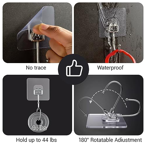 Large Adhesive Hooks, 18 Pack Hold 44lb(Max) Heavy-Duty Sticky Hooks,Waterproof & Rustproof Wall Hook for Hanging Can be Use Kitchen Bathroom Outdoor Ceiling Office, Transparent
