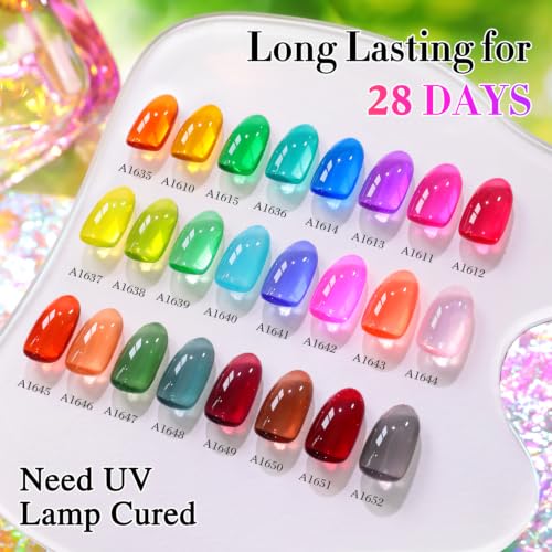 Double Rhythm 28Pcs 0.5Oz Gel Nail Polish Set Same Color Same Bottle Gel Polish Kit Nail Art Manicure Salon DIY at Home for Women (Neon Jelly Sheer Collection-T24-11) - color: Bright Red Green Blue