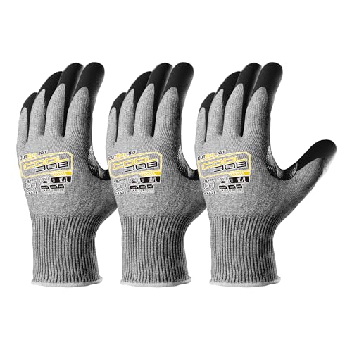 COOLJOB ANSI A5 Cut Resistant Gloves - 1/3/12 Pairs, Nitrile Rubber Dipped Safety Work Gloves for Men, Knife Proof with Grip Coating for Construction Warehouse Glass Wood Work, Grey Large - size: Large, style: A5 Pack of 3