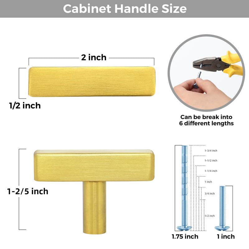 3 Pack Brushed Brass Cabinet Knobs, 2in Length T-Square Bar Drawer Pulls | Single Hole Grip, Stainless Steel Build, Kitchen Cabinet Restyle, For Drawers, Dressers, Cupboards, Closet Doors - color: Brushed Brass, size: 3 Pack, style: Sqaure Bar