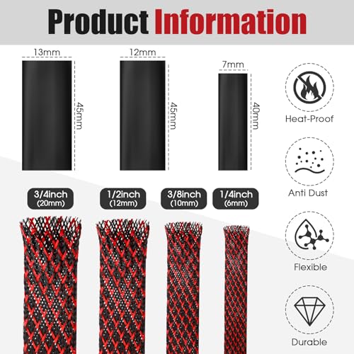 Tatuo 65.6 ft Braided Cable Sleeve Expandable Wire Sheathing(Red, Black) - color: Red, Black, size: 65.6 ft