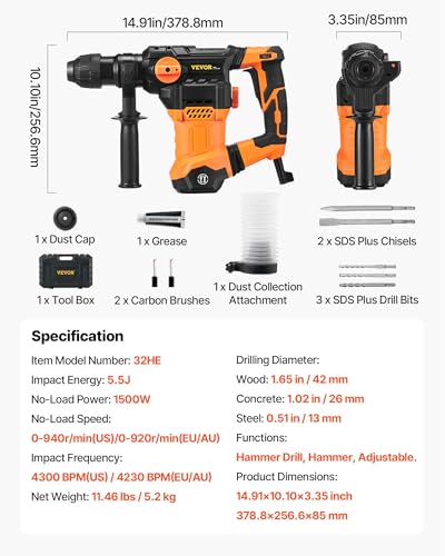 VEVOR 1-1/4 Inch SDS-Plus Rotary Hammer Drill, 13 Amp Corded Drills, Heavy Duty Chipping Hammers w/Vibration Control & Safety Clutch, Electric Demolition Hammers Variable Speed, Power Tool For Concret - size: 1-1/4 in