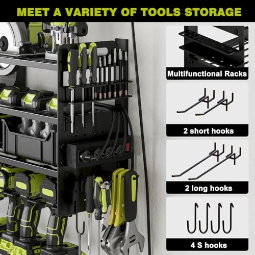 Power Tool Organizer Wall Mount, 12-Drill 4-Tier Charging Station, Black - color: Black