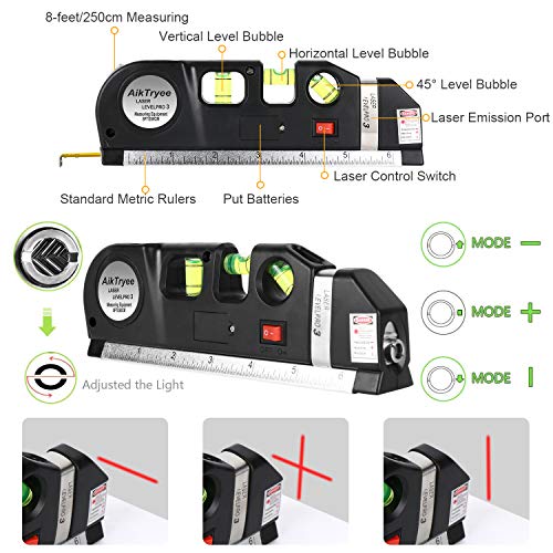 Laser Level Line Tool, Multipurpose Laser Level Kit Standard Cross Line Laser leveler Beam Tool with Metric Rulers 8ft/2.5M for Picture Hanging cabinets Tile Walls by AikTryee. - color: Red Laser