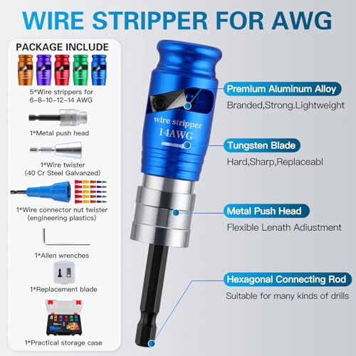 Wire Stripper for Drill, 6-14 AWG Wire Twister Kit with Case | Fits 1/4 in drills, strips 6/8/10/12/14 AWG solid wire, includes twister tools and storage case for wiring jobs