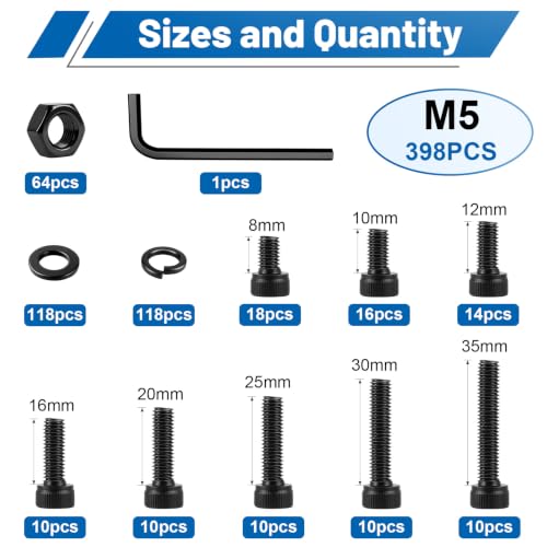 398PCS M5 Socket Head Cap Bolts Kit with Nuts, Flat & Spring Washers - size: G12.9 M5 398PCS