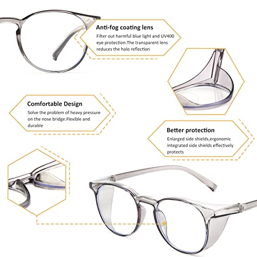 2 Pairs Anti Fog Safety Goggles Protective Glasses Blue Light Blocking Eyeglasses for Men Women - color: Round Purple+grey