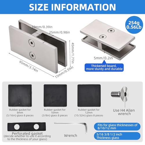 Railing Glass Clamps 4 Pack, 304 SS, Fits 5/16"- 3/8"-1/2" Glass Thickness - color: Silve, 180 Degree-4pcs
